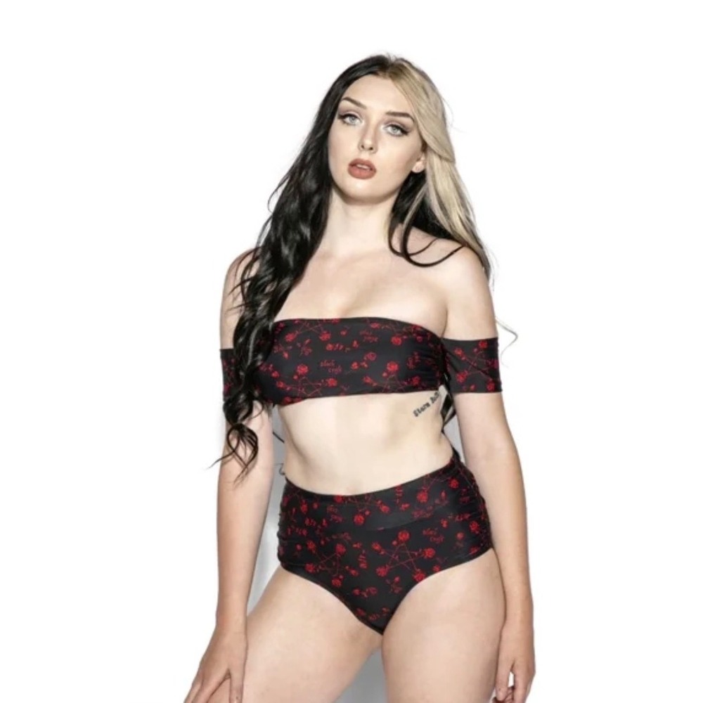 NWOT BlackCraft Cult Red Floral Pentagram Bikini High Waist Gothic Swimsuit Med